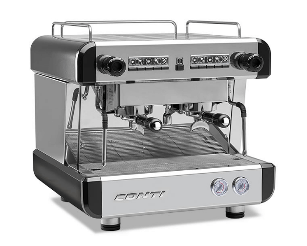 Conti CC100 espresso machine on stainless steel coffee cart
